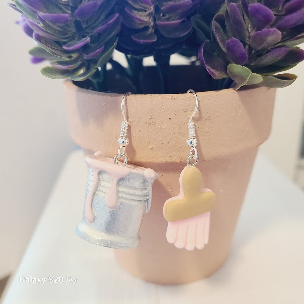 Paint Bucket Brush Earrings Silver Tone Artist Painter Craft Dangle Drop - Picture 9 of 11